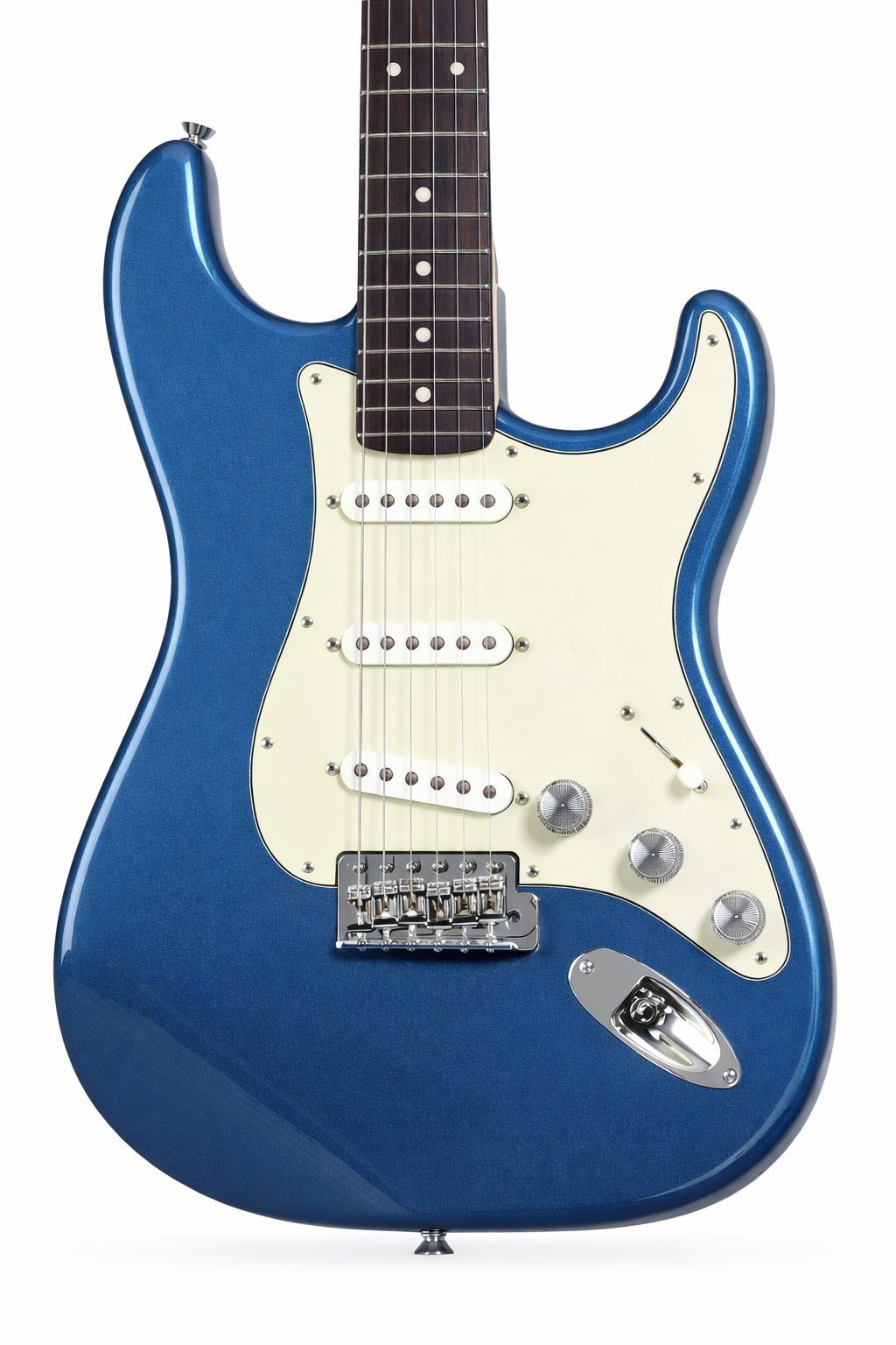 MGC StingerMGC Stinger electric guitar in blue finish with white pickguard and three pickups. High-quality design and features.