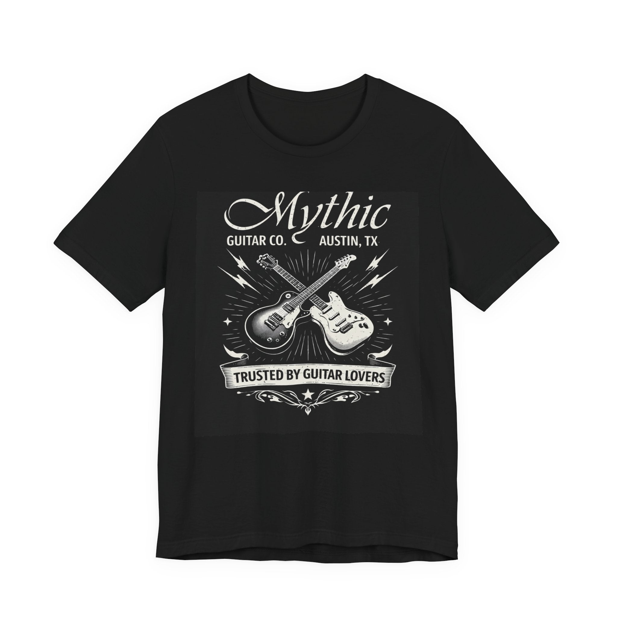 An image of Mythic Guitar Company Trusted By Guitar Lovers T-shirt